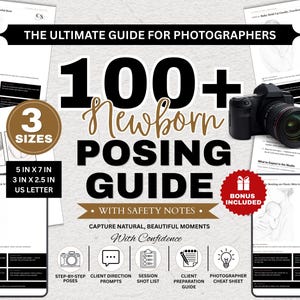 Könnte beinhalten: Ein Neugeborenen-Posing-Guide für Fotografen mit dem Text 100+ Newborn Posing Guide with Safety Notes. Der Guide umfasst 3 Größen: 12,7 cm x 17,8 cm, 7,6 cm x 6,4 cm und A4. Er zeigt eine schwarze Kamera, verschiedene Symbole und Anleitungsseiten.
