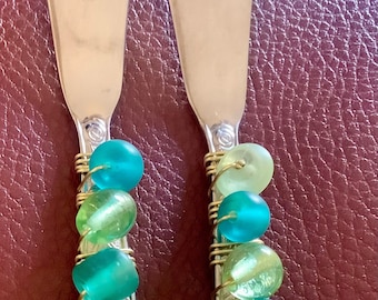 Beaded Flatware - Cheese Spreaders | Blue and Green Beads | Serving Utensils | Set of 2