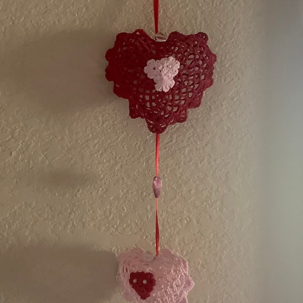 Valentine Crochet Hearts Wallhanging | 24” long | Handmade stiffened crochet