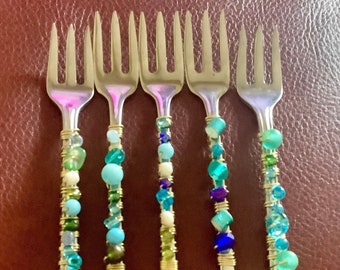 Beaded Flatware - Hors d’oeuvre Finger Forks - Blue, Green, Turquoise, Now Made with Vintage Unmatching Forks