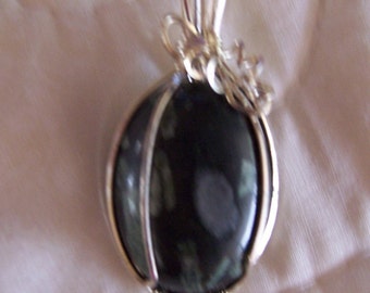 Black Snowflake Obsidian Black Stone Pendant Wrapped in Sterling Silver Wire