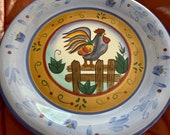 Vintage Stoneware Handpainted Rooster Hen Plate 10.5 quot diameter Excellent Condition Hand Painted chicken plate