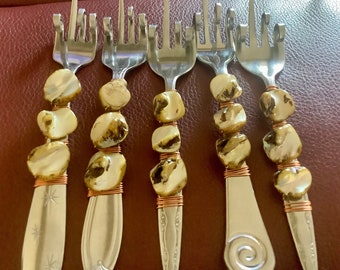 Funky Florida Finger Beaded Forks - Neutral Round Shaped Amber Shell Beads | Set of 5