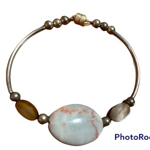Beige Peach Colored Cabochon with Brown Accent Beaded Bracelet | 8” with Magnetic Clasp | Birthday Gift