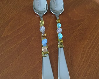 Beaded Stainless Steel Ice Tea Spoons | Blue white and amber beads | Set of 2