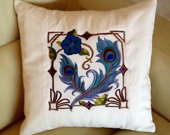 LInen Embroidered Pillow Cover with Flowers Art Deco Style 14 inches