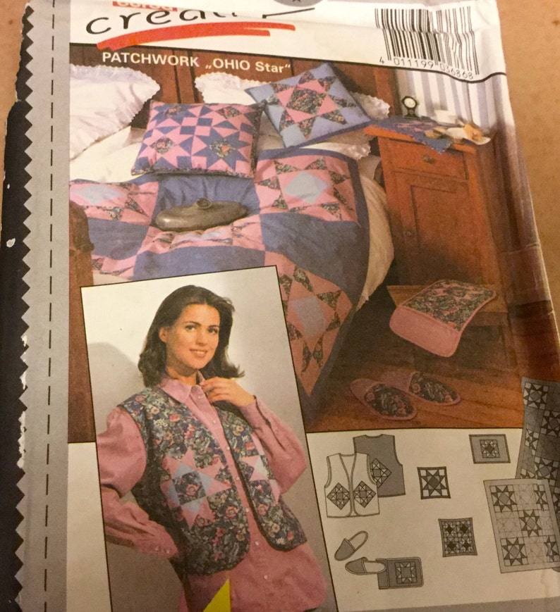 Burda 3686 Patchwork Ohio Star Home Decorating Quilt, Pillows, Vest, uncut image 1