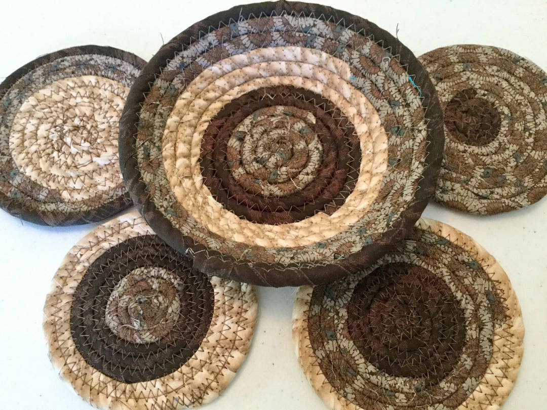 4 Coiled Fabric Coasters and 6 Inch Bowl Set Candle Mat Etsy