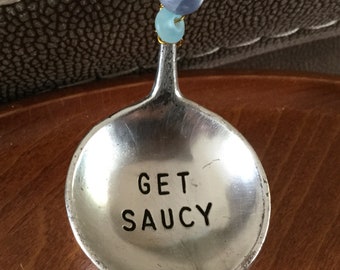 Vintage GET SAUCY Beaded Stainless Steel Serving Spoon | Blue beads | Small Ladel