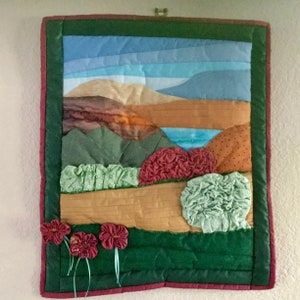 Quilted Scenic Landscape Wallhanging 18 by 21 Cotton with hanger green, rust, gold, pink, turquoise image 5