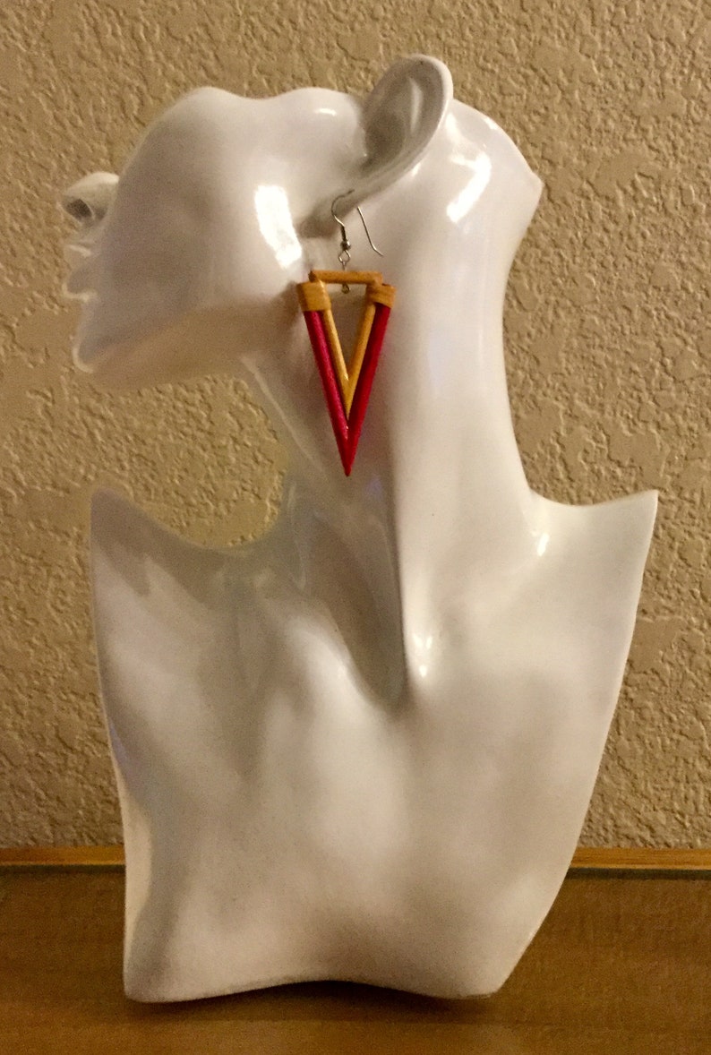 3\u201d drop Bamboo Triangular Red and Natural Colored Earrings with silver plated hooks