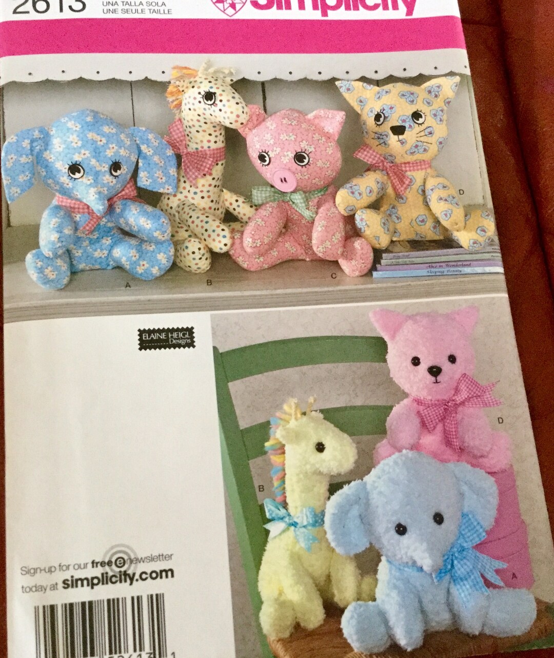 Simplicity 2613 Stuffed 10 to 12” Elephant, Giraffe, Pig and Cat ...