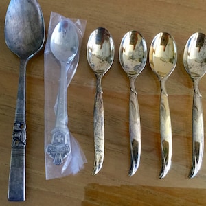 One Silver Spoon, One Collector Spoon and 4 Goldtone Baby Spoons, Vintage Condition