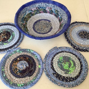 Coiled Fabric Coasters and Bowl Set, Trivet,  Mug Rug - Blue -Home and Living, Kitchen,  handmade