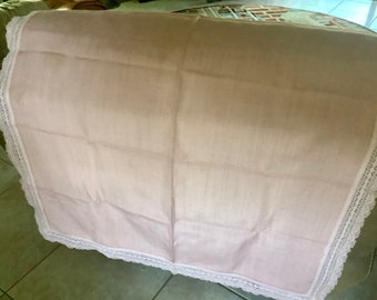 Vintage Peach Linen Fabric Table Runner Tablecloth Centerpiece | 30” square | Excellent condition