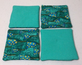 Fabric Reversible Coasters, Home Decor Decoration - Tourquoise Green Square Coasters Set of 4