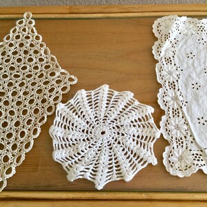 Vintage Doilies, Set of 3, White 12” Ecru 13” long and White 6” round, Crochet