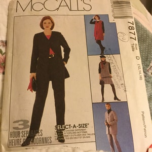 May include: McCall's sewing pattern featuring a woman in a black suit with a red top and clutch. The pattern includes options for separates, with the text "3 Hour Separates" and "Select-A-Size". Size D (12, 14, 16).