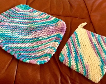 Crochet Trivet Hotpad Mug Rug and Dishcloth Cotton, set of two, lavender and turquoise