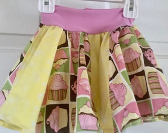 Girls Size 2 YO Cotton Cupcake Print Child Twirly Skirt | See size chart | Knit Waist | Crisp Lightweight Cotton Fabric | Ready to ship