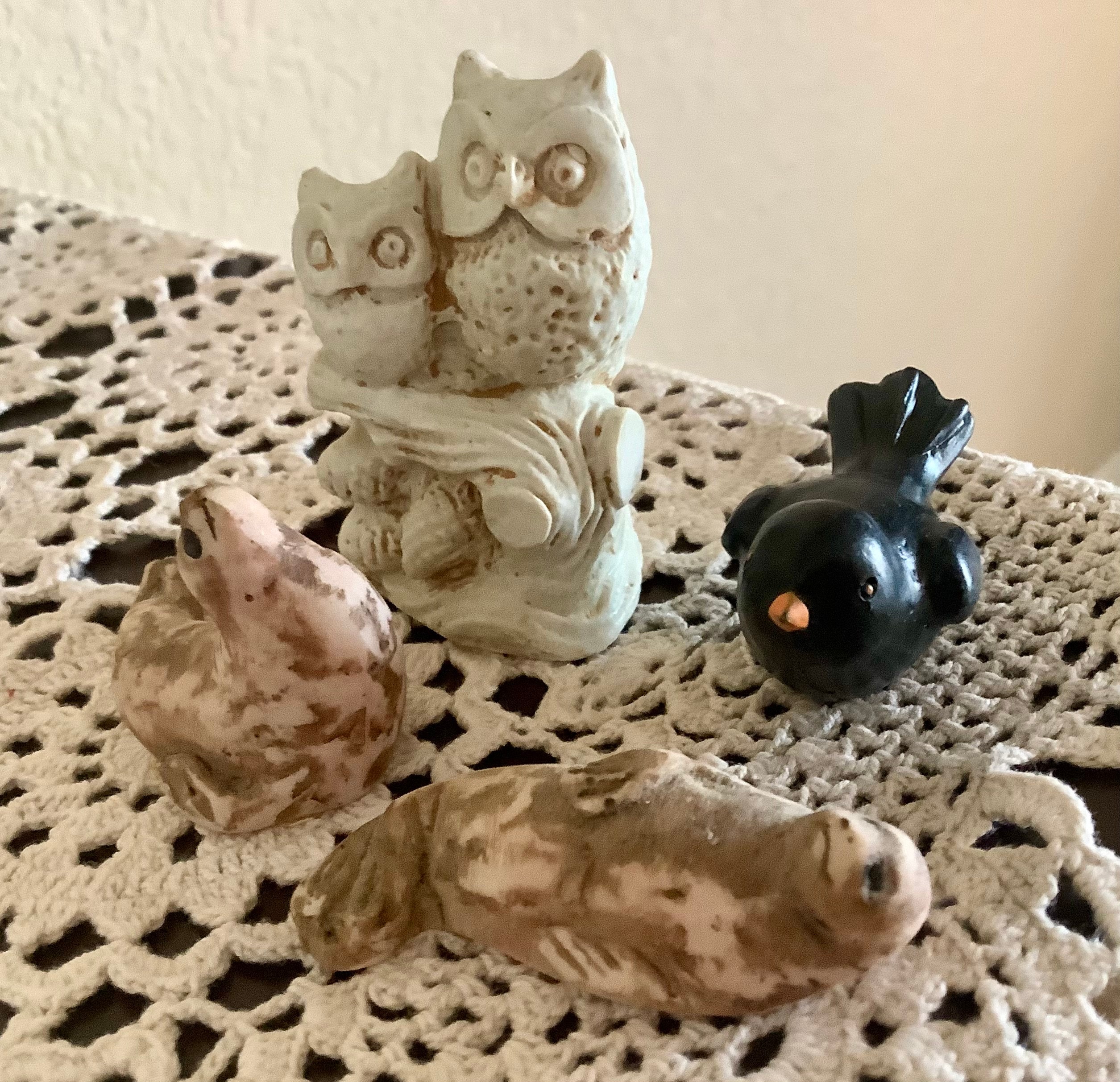 Miniature Ceramic Owls Black Bird 2 Sea Lions | 1-2” wide | Excellent Condition