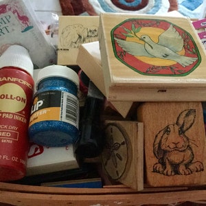 Whole Basket full Stamp Pads and Stamps | As Pictured | Easter, Christmas, Childrens, rabbits, animals, hearts