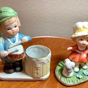 Vintage Boy and Girl Porcelain Figurines | Set of 2 | boy drummer and girl with bunny