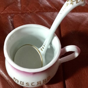 Vintage Mustard Serving Bowl & Spoon | 2 pieces | Pink Gold White | 3” tall | Excellent condition