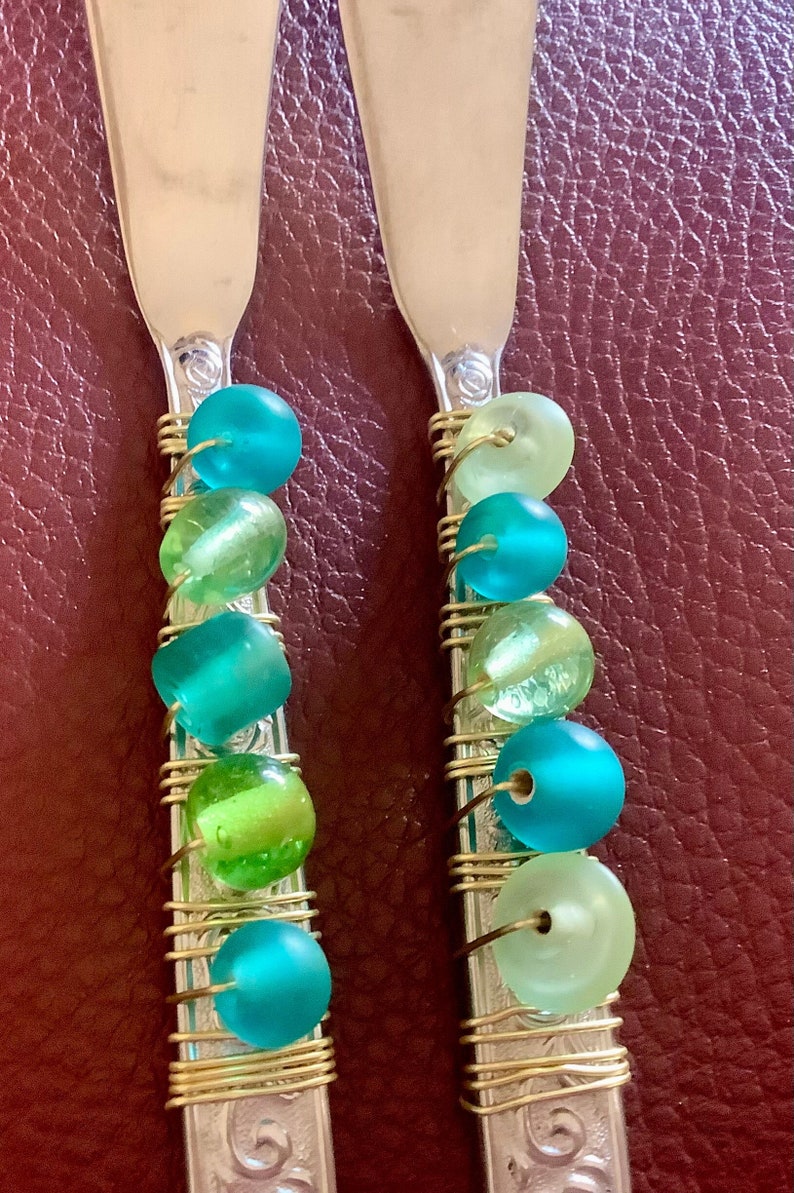 Beaded Flatware Cheese Spreaders Blue and Green Beads Serving Utensils Set of 2 image 1