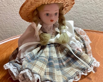 Vintage Porcelain Doll in Plaid Dress with Straw Hat | 5” tall | Jointed doll in Great Condition as pictured