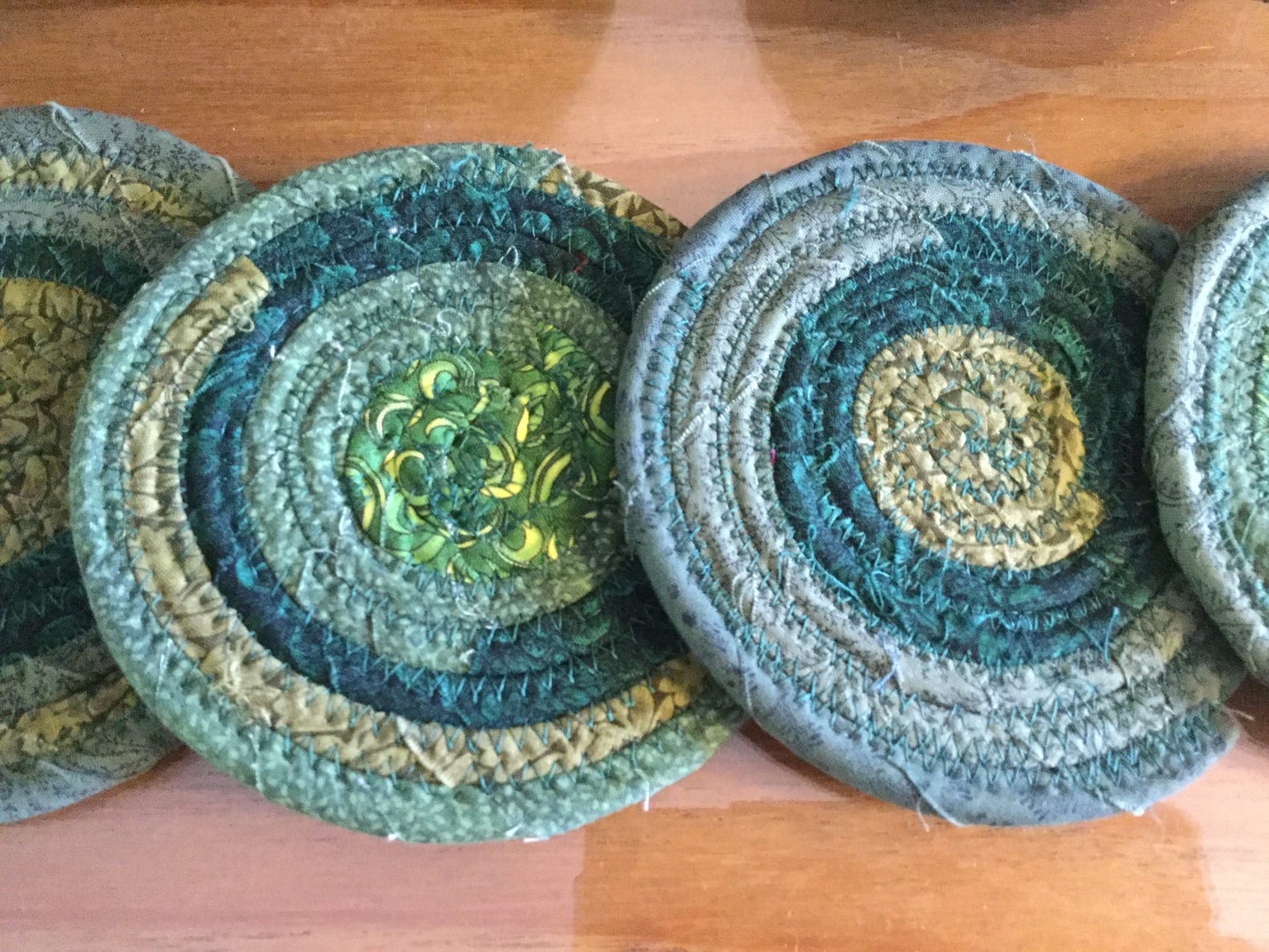 4 Coiled Fabric Green Coasters and Two 7 Inch Bowls Baskets Etsy