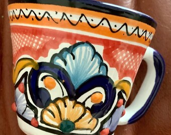 Mexican Pottery Small Decorative Cup | 2.5” diameter 2” tall | Orange Blue White Yellow | Great Condition
