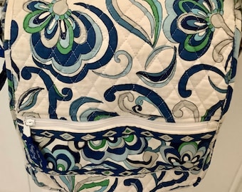 Vera Bradley Zippered Quilted Fabric Tote Bag Crossbody | white blue green | Many zippered pockets | Some stain as pictured