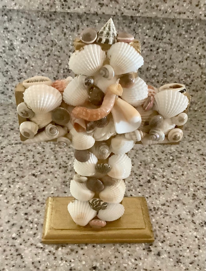 Sea Shell Art Freestanding Cross Home Decoration 6.5 inches tall & 5 wide Shells collected by me image 7