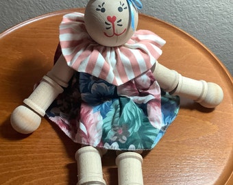 Wood Thread Spool Kitty, 5” sitting, Total Length 8.5”, Handmade Fabric & Wood Doll as pictured