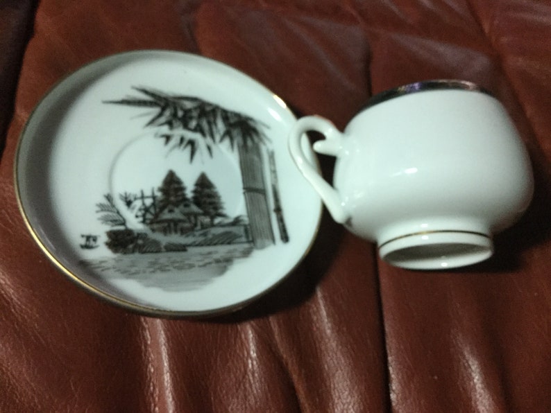 Vintage Japan Porcelain Cup /& Saucer| Set of 2 Excellent Condition white gold brown Bamboo Design