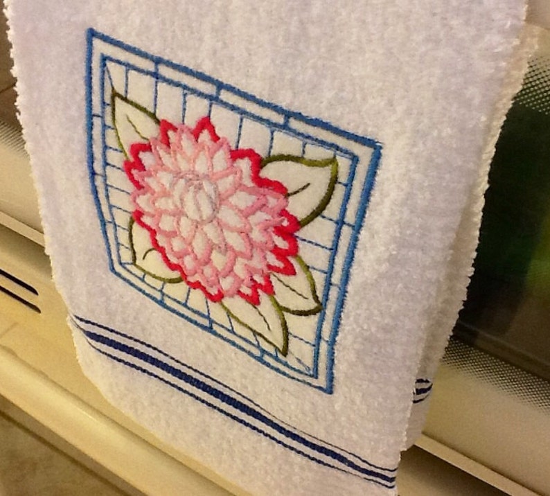 Embroidered Kitchen Towel with Flowers, pink, blue, white Handmade kitchen towel image 1