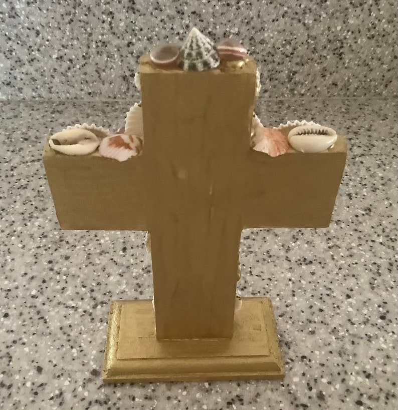Sea Shell Art Freestanding Cross Home Decoration 6.5 inches tall & 5 wide Shells collected by me image 6