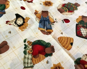 Country Bears Print Cotton Fabric, Tan Background with red, gold, green Print, 3/4 yard by 45 inches wide