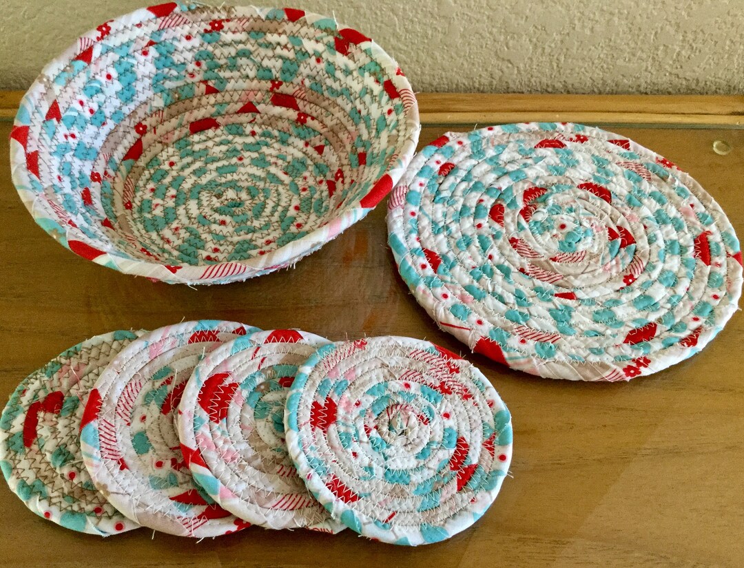 Coiled Fabric Coasters, Mat and Bowl Set, Trivet, Mug Rug White, Orange