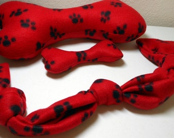 Dog Toys - Plush Dog Bone and Pull Toy Set - Red with Paw Print Fleece