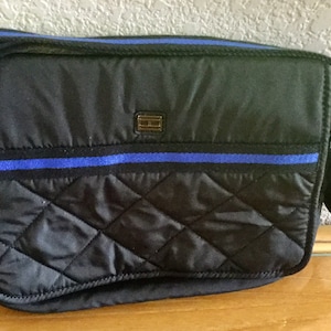 Vintage Black Tommy Hilfiger Shoulder Bag | Satchel, Purse, Cotton Fabric, Zippered | Black and Blue Stripe on Handle
