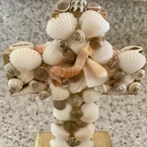 Sea Shell Art Freestanding Cross Home Decoration 6.5 inches tall & 5 wide Shells collected by me image 2