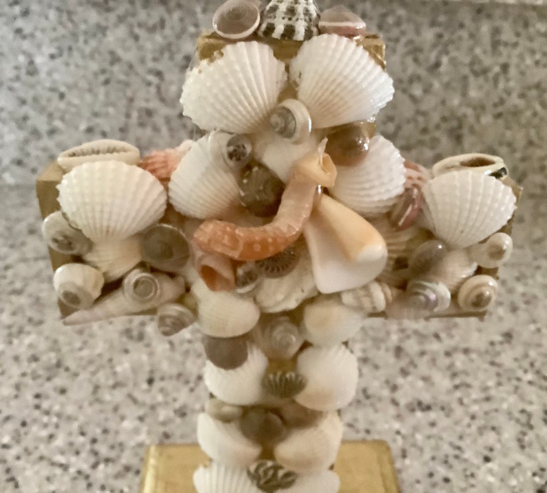 Sea Shell Art Freestanding Cross Home Decoration 6.5 inches tall & 5 wide Shells collected by me image 2