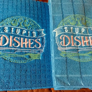 Blue Dish Drying Mat, Dishcloth & Towel Set, Saying - Stupid Dishes, Embroidered Kitchen Towel,  Microfiber