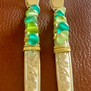 Beaded Flatware Cheese Spreaders Blue and Green Beads Serving Utensils Set of 2 image 4