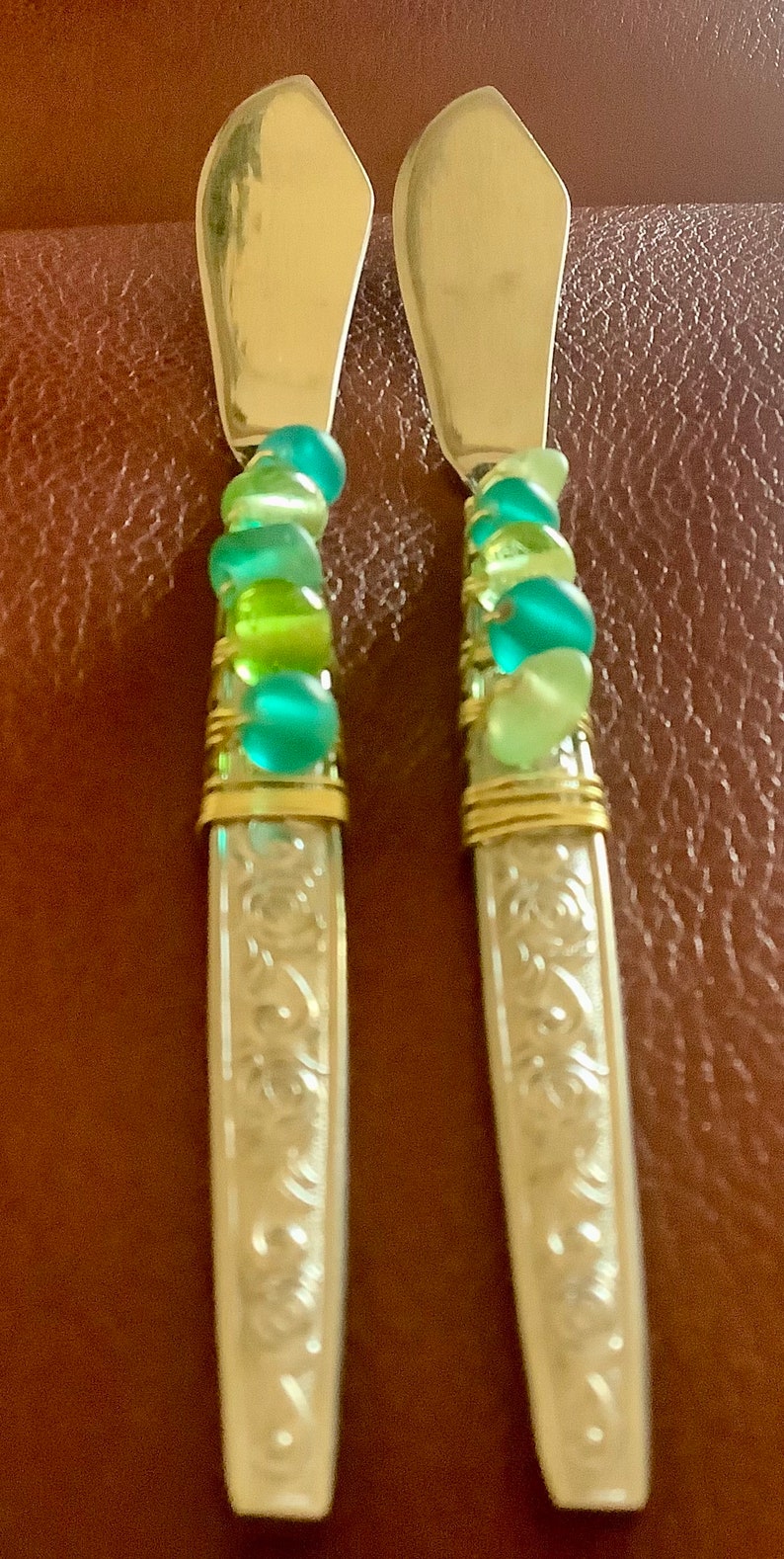 Beaded Flatware Cheese Spreaders Blue and Green Beads Serving Utensils Set of 2 image 4