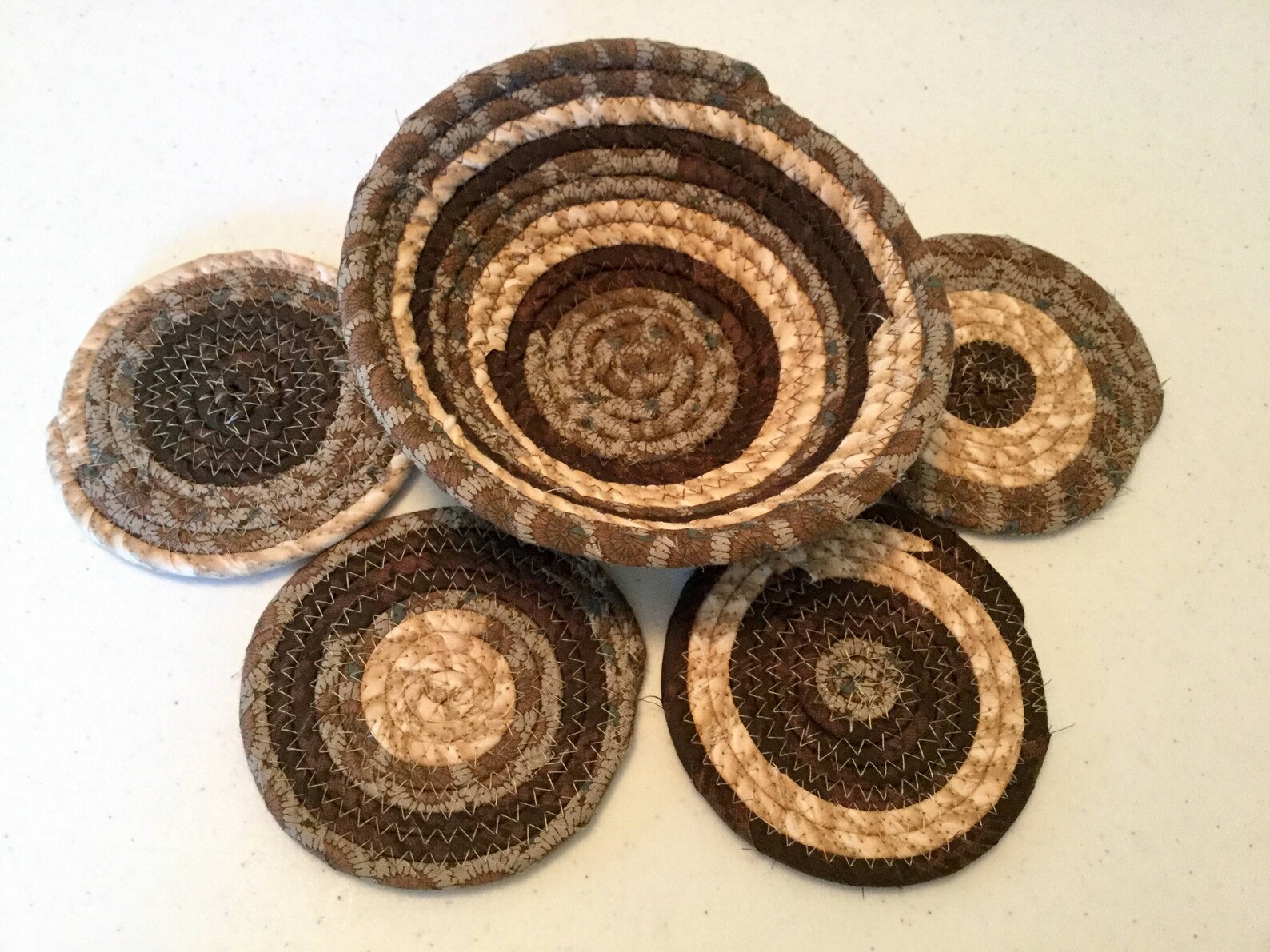 4 Coiled Fabric Coasters and 7 Inch Bowl Set Candle Mat Etsy