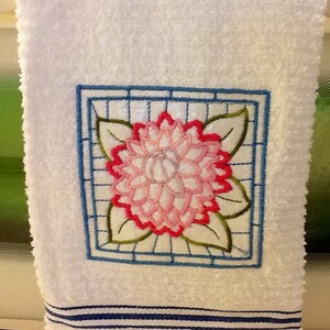 Embroidered Kitchen Towel with Flowers, pink, blue, white Handmade kitchen towel image 2