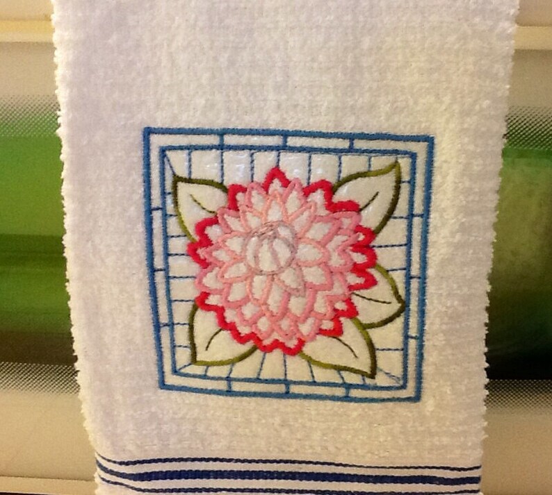 Embroidered Kitchen Towel with Flowers, pink, blue, white Handmade kitchen towel image 2